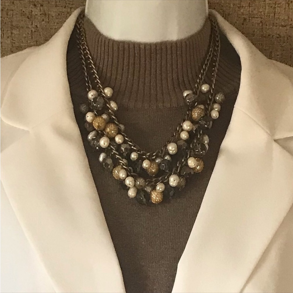 CLEARANCE Multi Strand Gold Mesh Covered Pearl Balls Faceted Crystal Necklace
